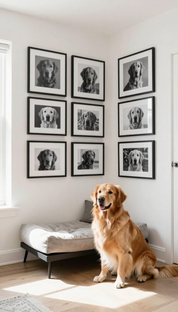 A gallery wall of dog portraits above a dog bed in a bright, modern living room.