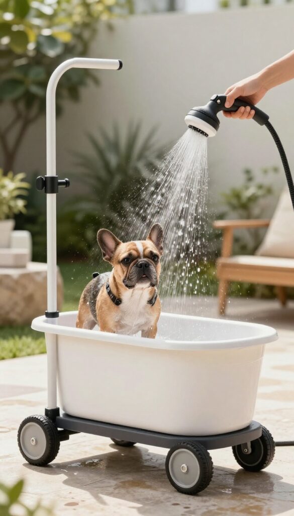 Portable dog wash cart with built-in tub and sprayer on a sunny patio, a small dog being bathed, towel on handle