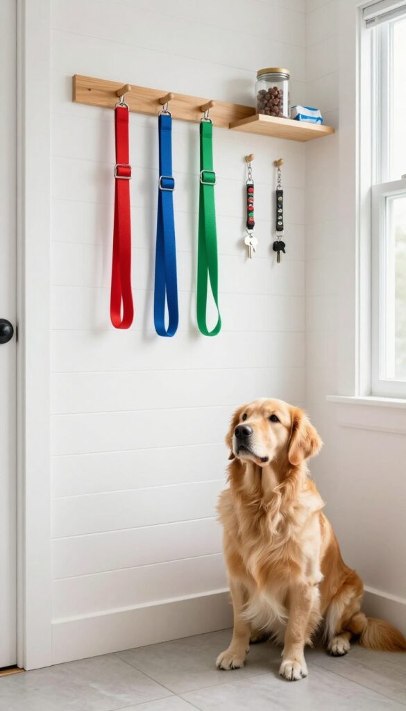 A neat mudroom leash and collar station with leashes and collars hanging on peg hooks, a shelf with treats and poop bags above, and a golden retriever sitting on the floor.
