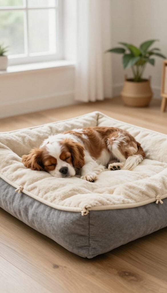 A small dog sleeping on a no-sew fleece dog bed with knotted edges in a bright room with natural light.