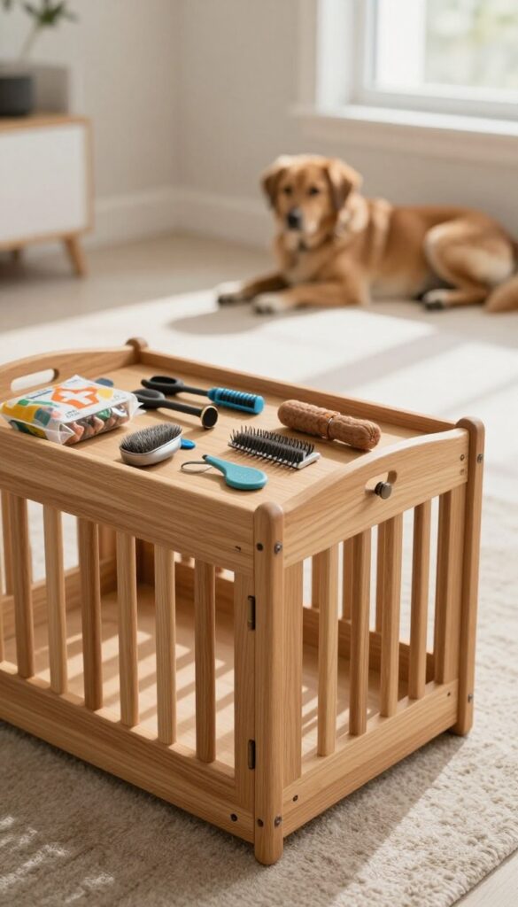 Dog crate with a sliding tray underneath the top, holding grooming tools and supplies.