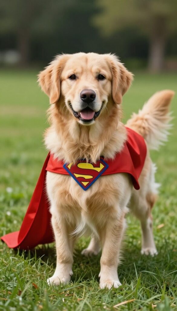 Golden retriever wearing red superhero cape with blue S emblem standing on grass