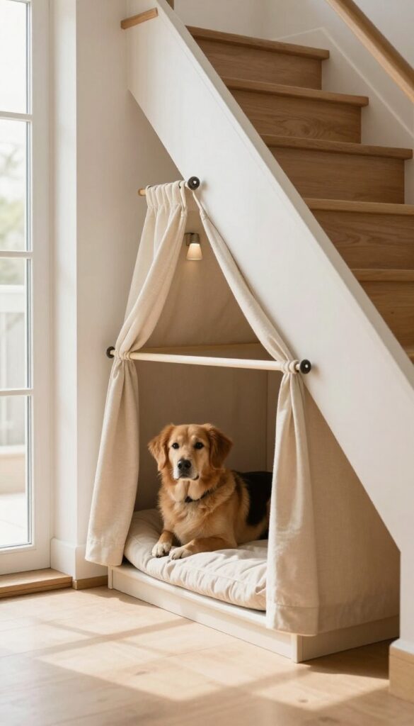 Built-in dog kennel nook under stairs with soft bed and curtain
