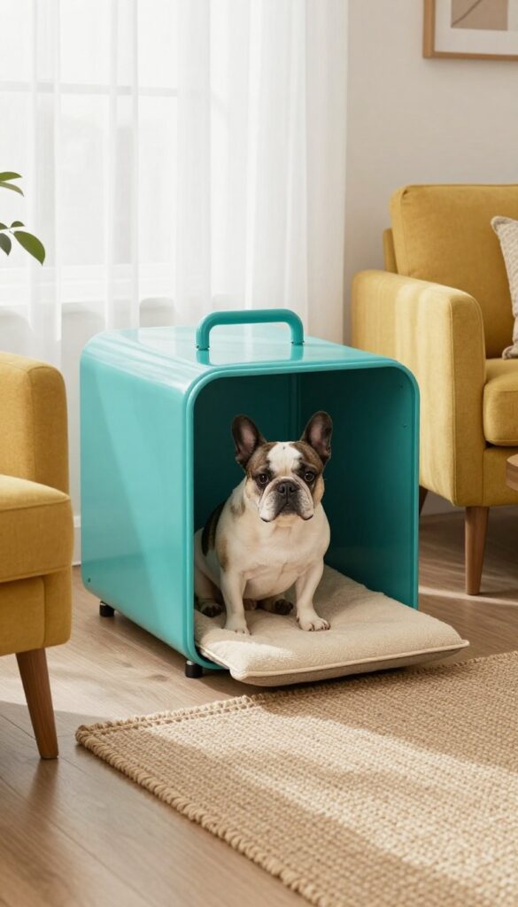 Teal mid-century metal dog crate in bright living room with a French Bulldog sitting inside on a soft mat, surrounded by retro decor.