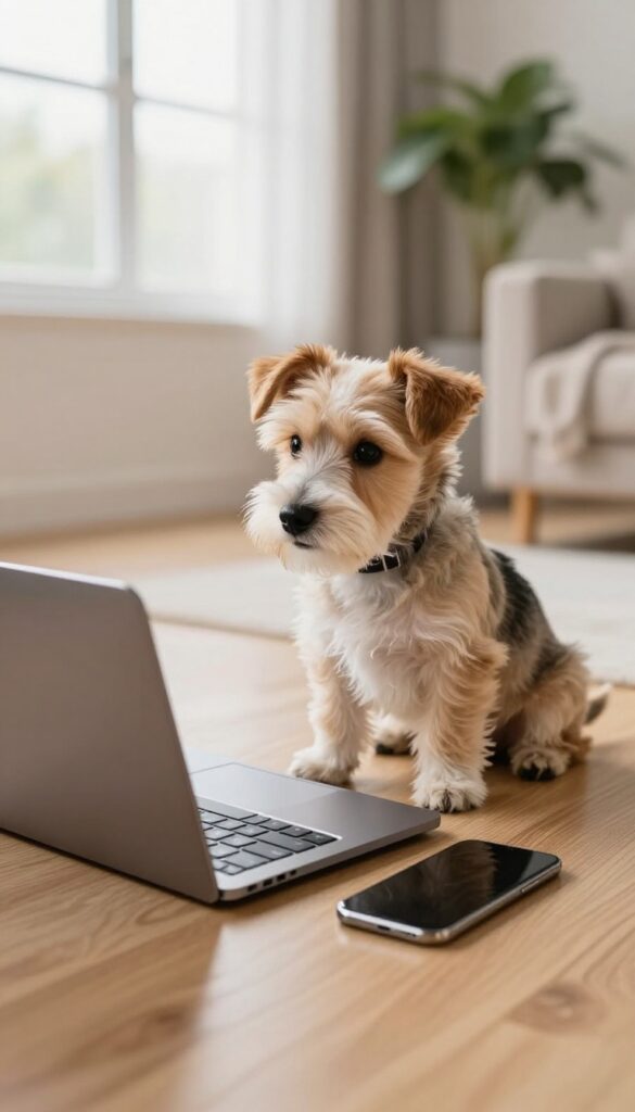 Small terrier puppy sitting next to a laptop and smartphone on a wooden floor, natural light, modern living room.