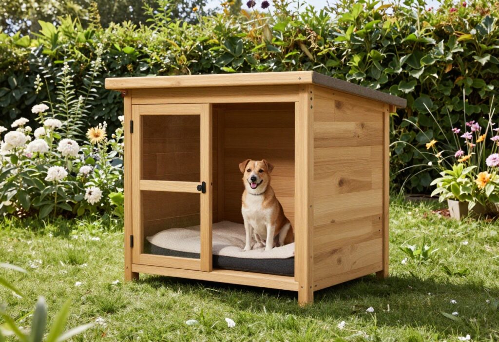 Modern wooden outdoor dog kennel in a sunny backyard with a dog sitting beside it