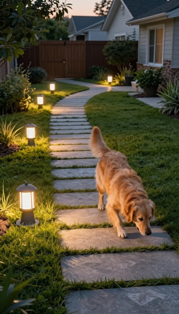 Backyard with solar path lights and a dog enjoying evening potty break