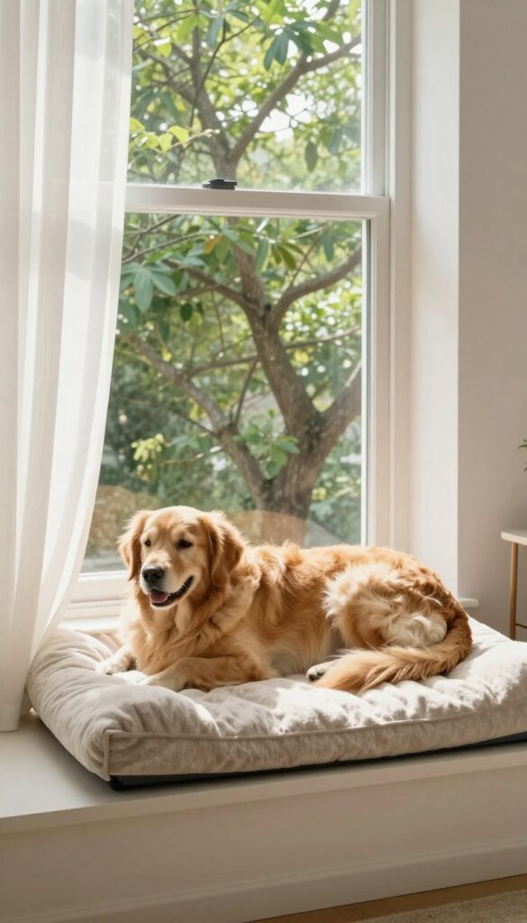 Golden retriever resting on a cushioned window perch in a sunlit bay window, looking outside
