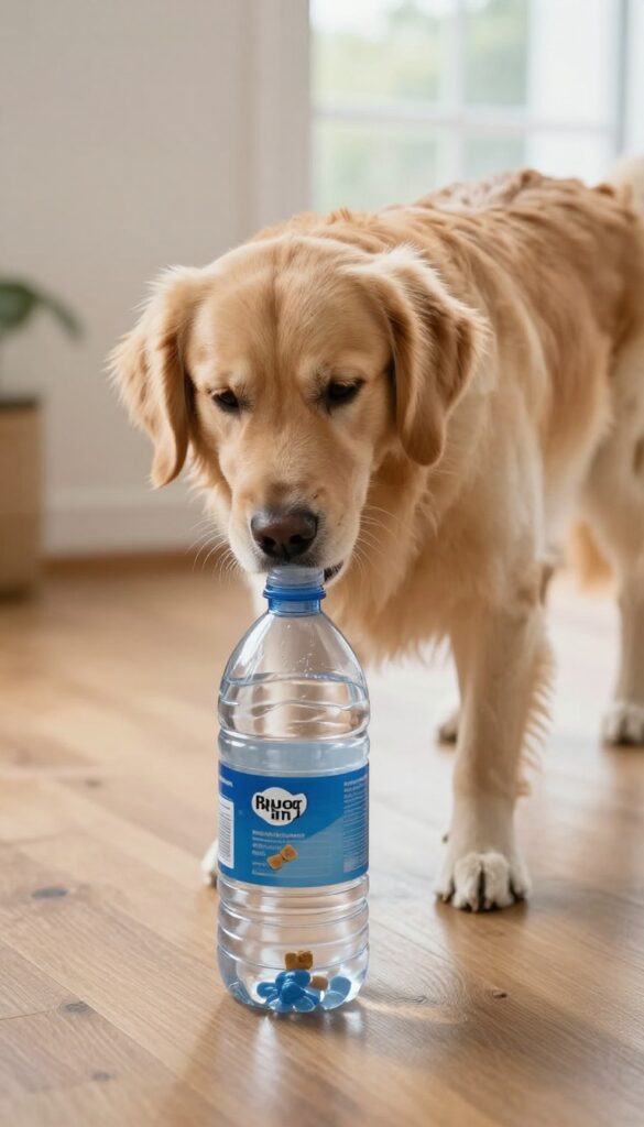 Dog playing bottle flip challenge with treat inside plastic bottle on floor