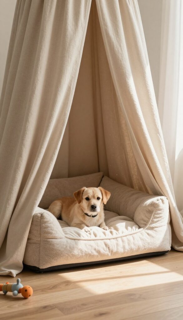Cozy under-stair dog nook with plush bed and curtain privacy