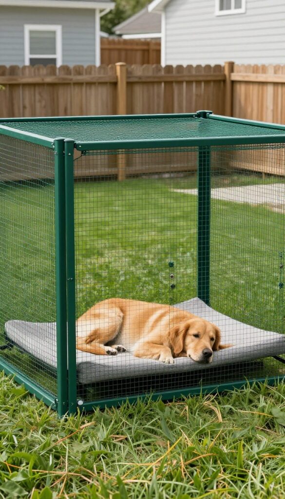Chain link dog kennel with privacy slats in a sunny backyard, featuring a relaxed golden retriever inside.