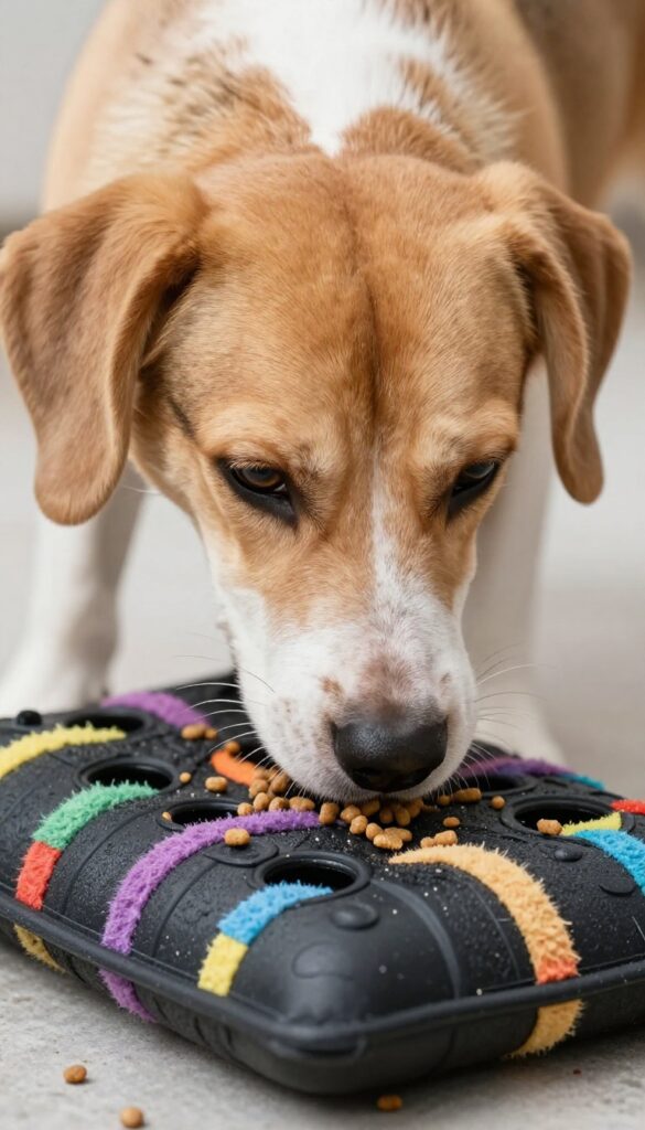 Dog sniffing a DIY snuffle mat made from a rubber mat and fleece strips