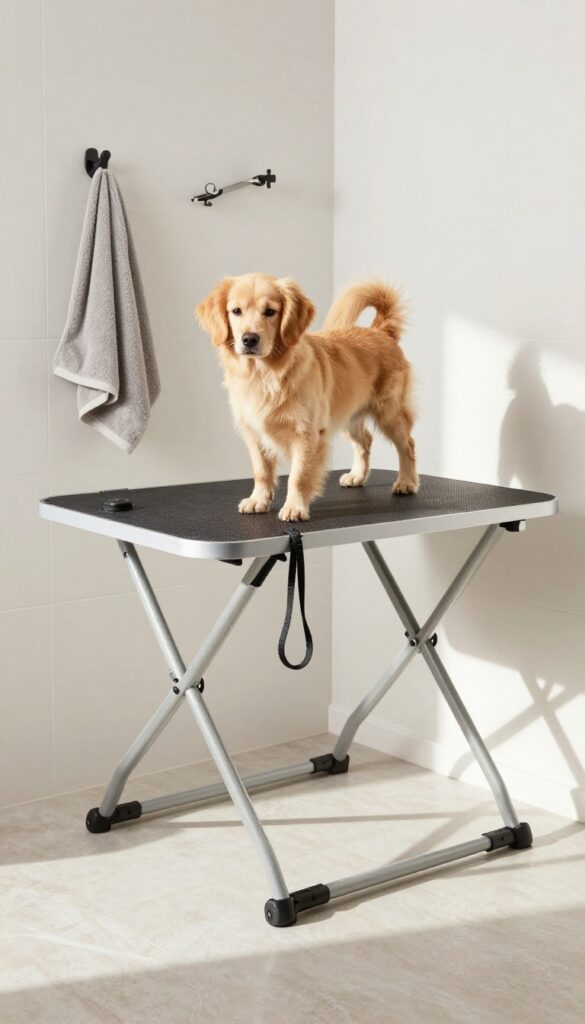 Fold-down grooming table mounted on a mudroom wall with a dog standing on the non-slip surface, natural light, clean and functional design