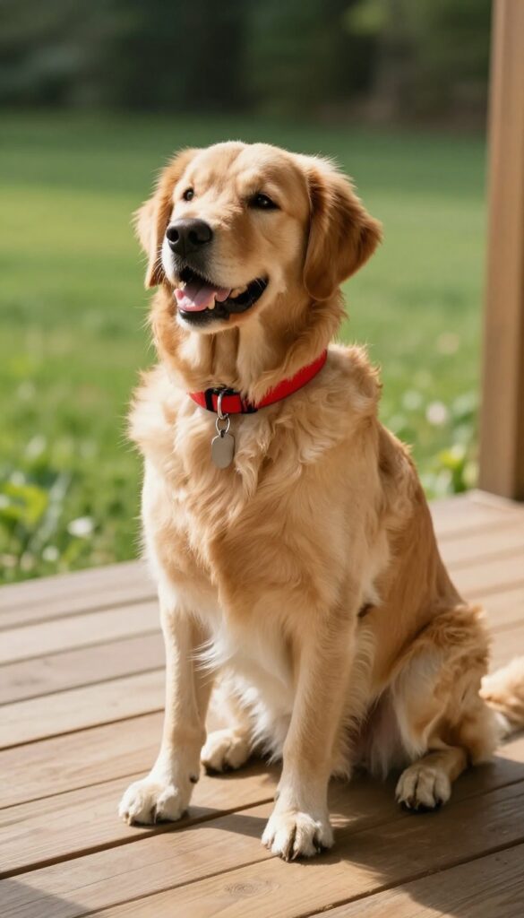 A loyal and fun-loving golden retriever named Charlie with a red collar on a sunny porch.