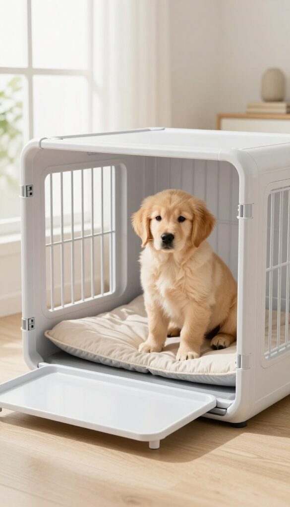 Modern dog crate with removable plastic tray, puppy sitting inside on washable bed, bright natural light, clean composition