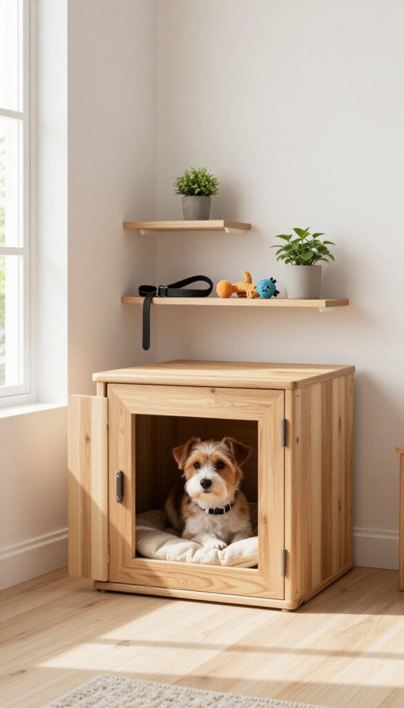 Triangular corner dog kennel with shelving, dog inside, modern interior, bright natural light.
