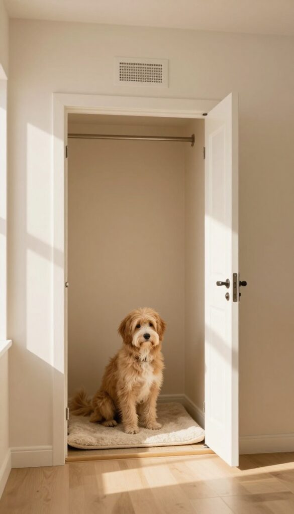 Cozy closet under stairs converted into dog kennel with Dutch door, soft beige walls, and a fluffy dog on a plush mat.