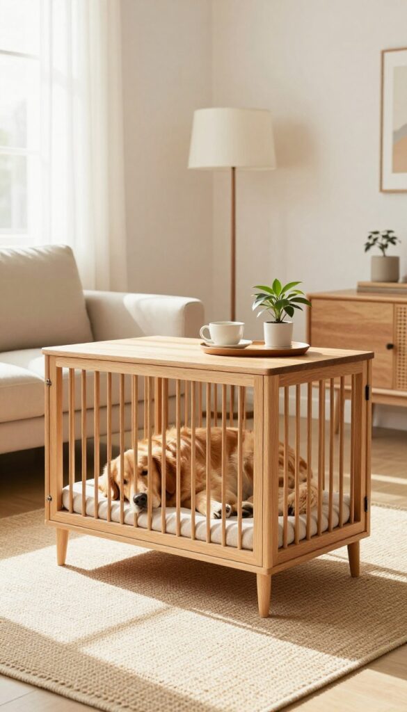 A mid-century modern wooden dog crate used as a side table in a bright living room, with a golden retriever resting inside.