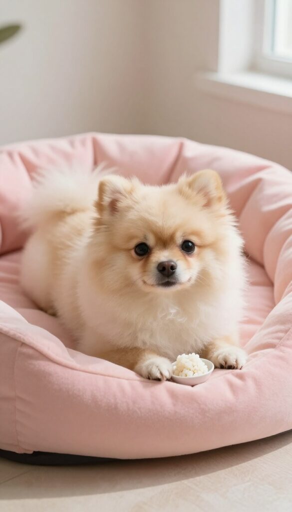 Fluffy cream Pomeranian on pink bed with mochi rice cakes nearby