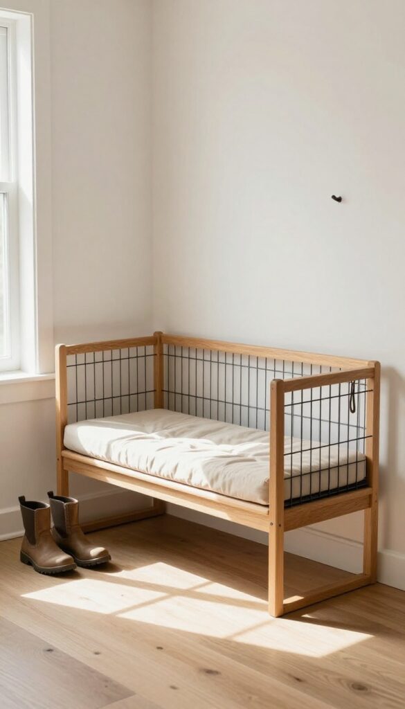 Entryway bench over dog crate with cushion, leash, and boots in bright natural light.
