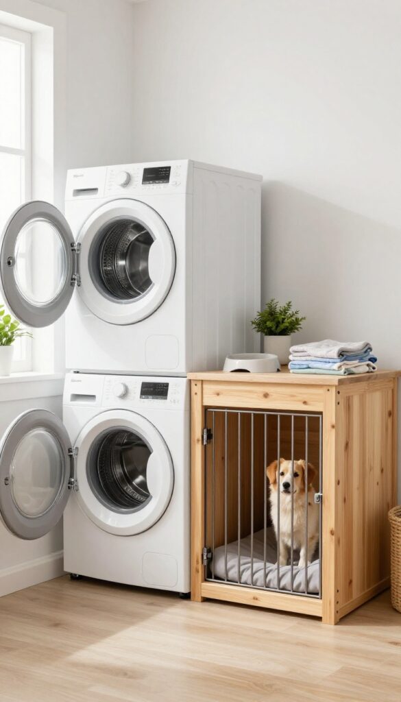 Laundry room with built-in dog kennel under counter beside washer and dryer