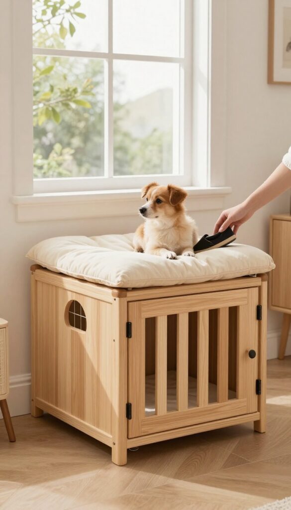 Dog lounging on cushioned top of crate in entryway