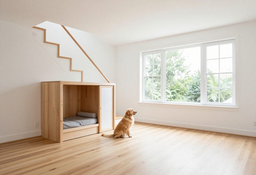 Modern under-stairs dog kennel with a golden retriever inside