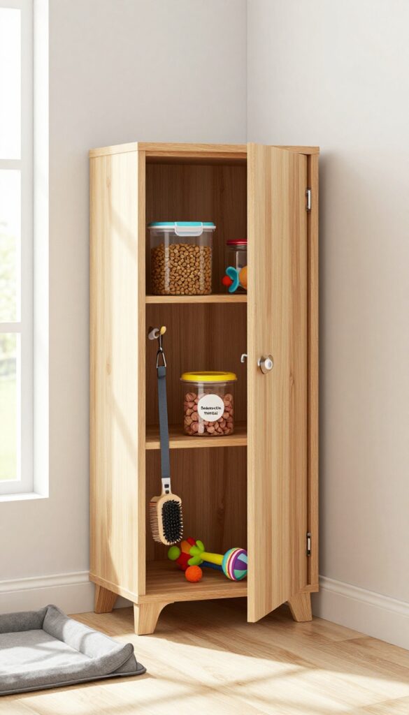 Slim storage cabinet for dog supplies in a mud room corner