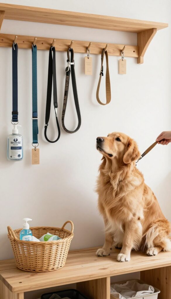 Dog owner selecting a leash from a neatly organized pegboard in a bright mudroom, with a golden retriever sitting on a bench.