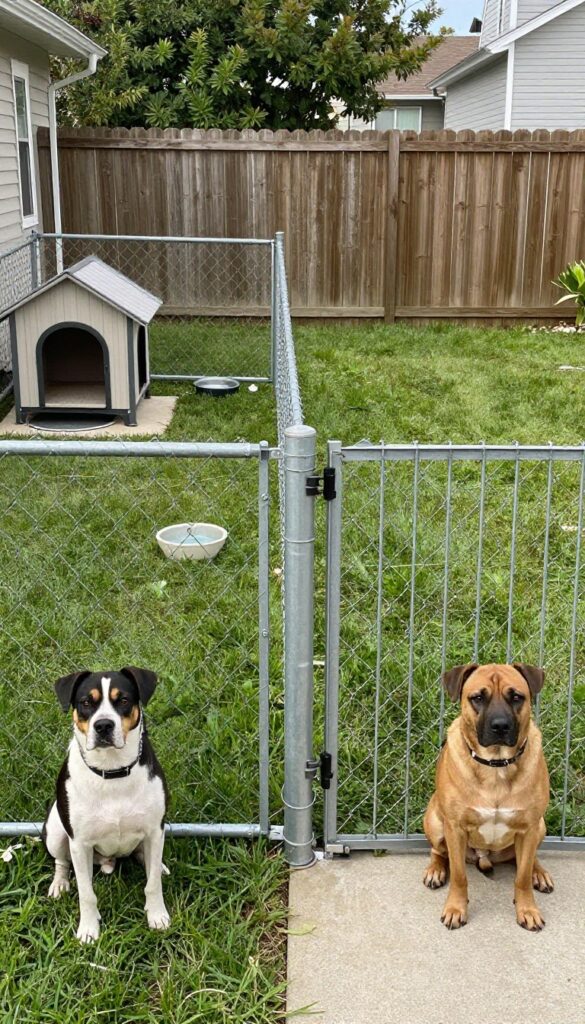 Multi-dog run with separate zones divided by chain-link fence, each zone with dog house and water, sunny backyard.