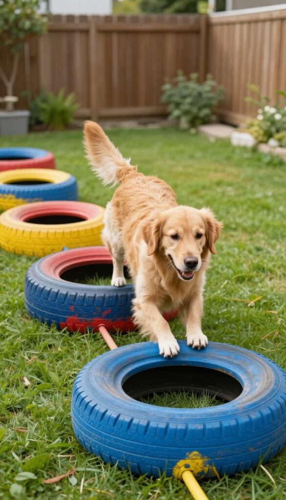 Dog climbing through a colorful tire obstacle course in a sunny backyard
