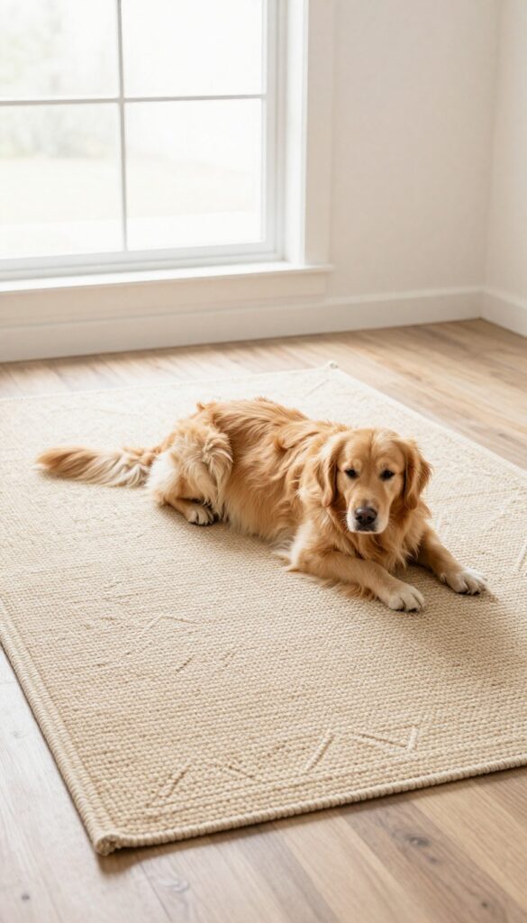 A dog lying on a washable rug in a bright living room with natural light and clean decor.