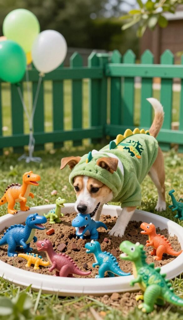 Dog wearing dinosaur costume digging in sandbox with plastic dinosaurs and green balloons in backyard