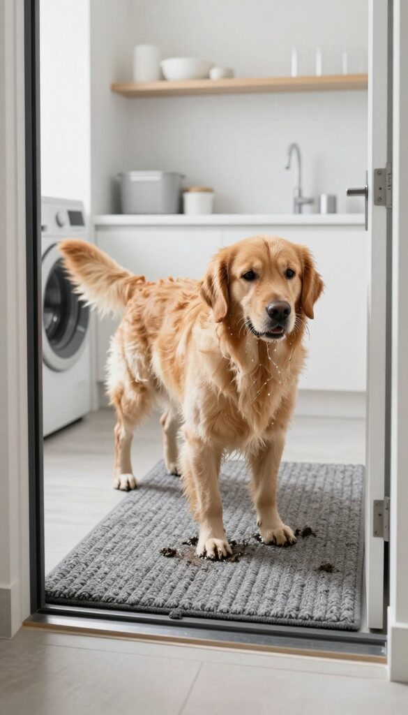 Dog standing on a textured mat at a laundry room door, catching mud and water.