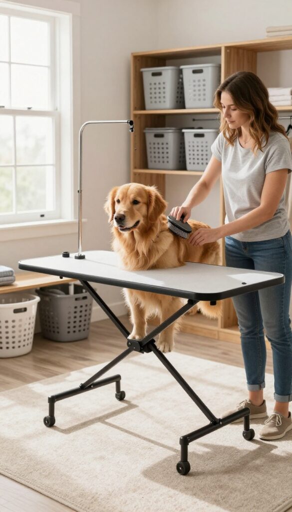 Wall-mounted folding grooming table in use with a dog and owner in a bright mudroom