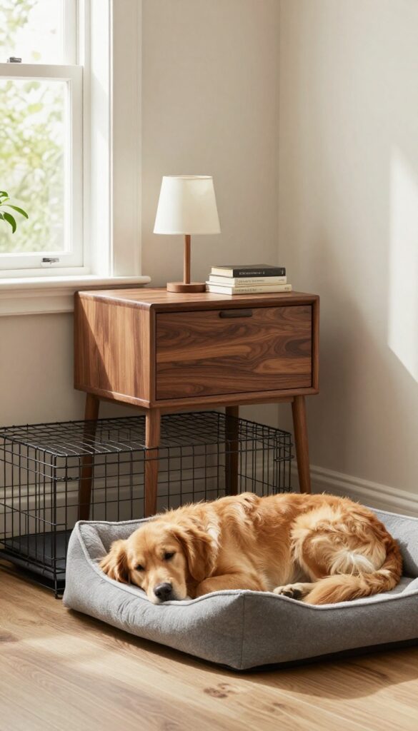 A dog sleeping inside a crate hidden under a wooden end table with a lamp and books on top
