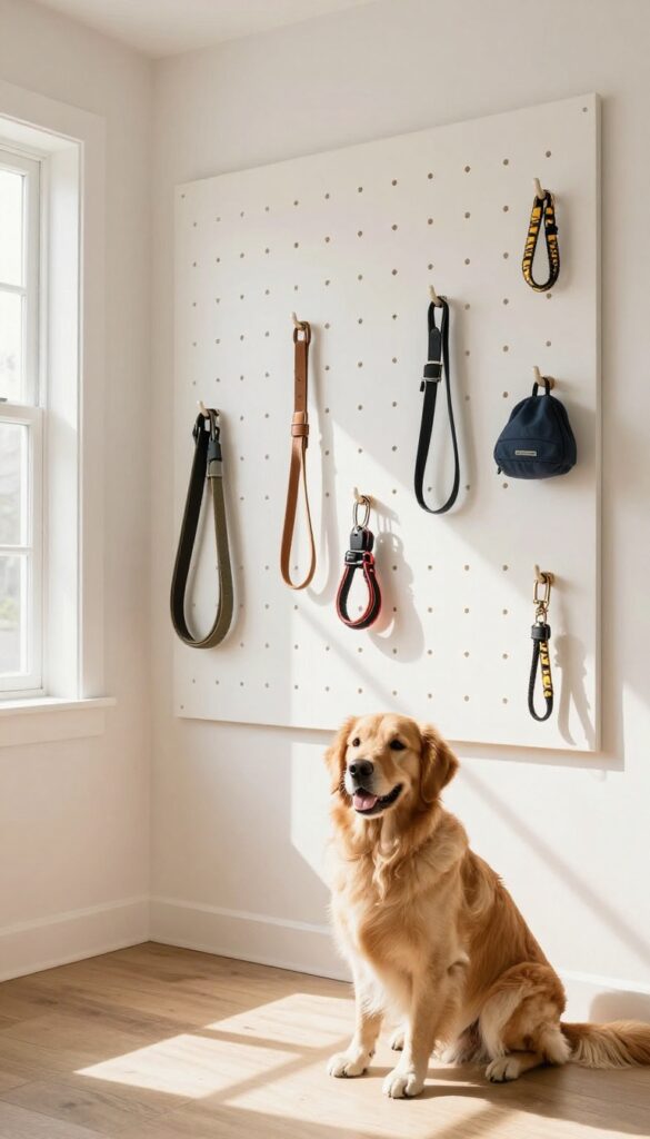 Wall-mounted pegboard with leashes and collars organized by height, golden retriever sitting nearby, bright natural light, clean mudroom entryway.