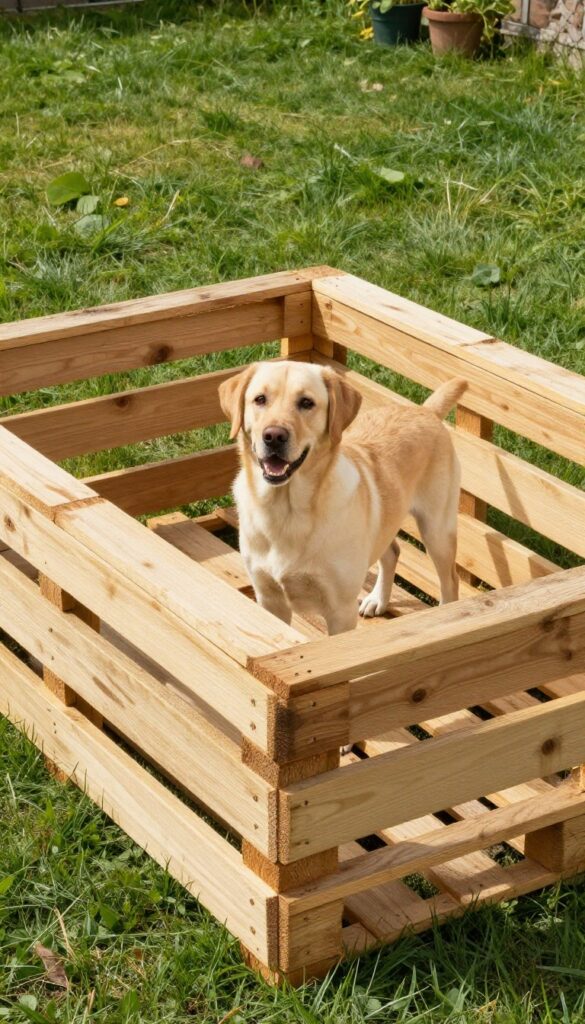 Dog run made from repurposed wood pallets in a sunny backyard