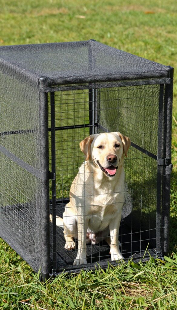 Mesh kennel cover on wire dog crate in sunny backyard, dog inside staying cool