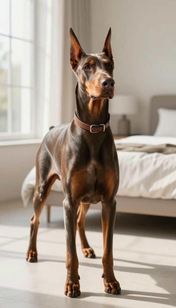 Sleek gray Weimaraner dog standing in a bright modern room with minimalist decor and natural light