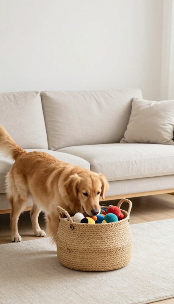 Dog putting toy into a woven storage basket in a bright living room