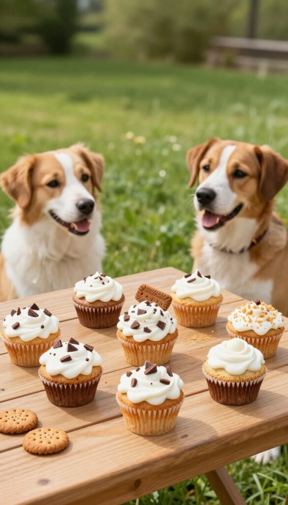 Dog-friendly pupcake decorating contest with two dogs and decorated treats on a wooden table.