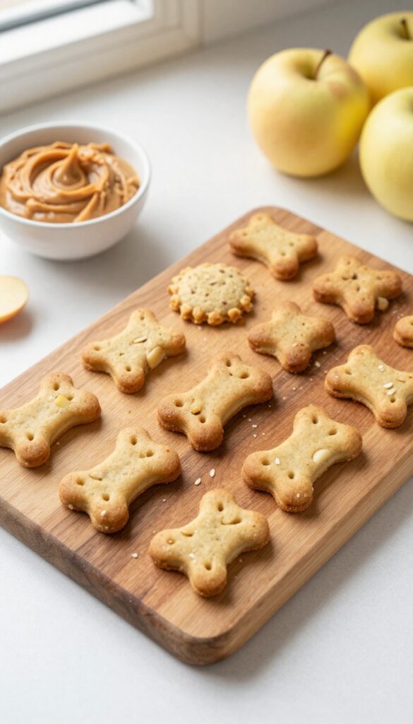 Homemade apple oat peanut butter dog treats on a wooden cutting board with peanut butter dip and apples