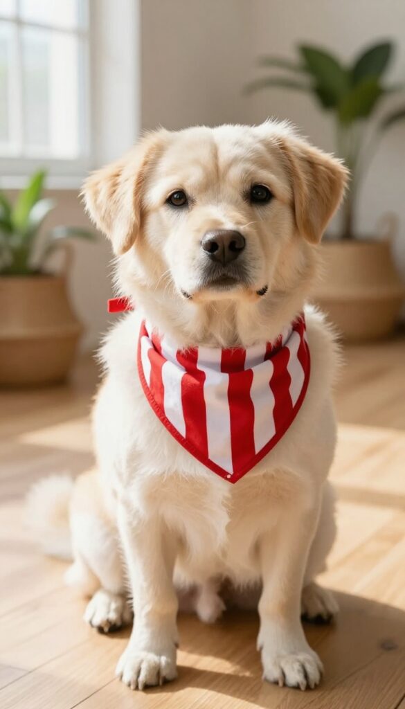 Small cream-colored dog wearing a red and white striped bandana, sitting on a wooden floor in natural light.
