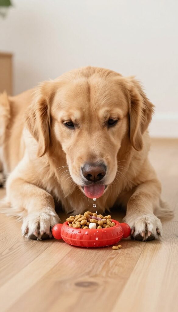 Golden retriever enjoying a frozen stuffed Kong toy on a wooden floor