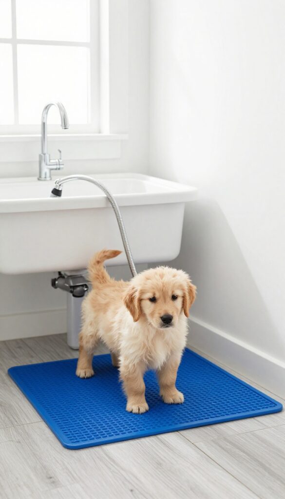 Utility sink converted into a dog wash station with a puppy inside
