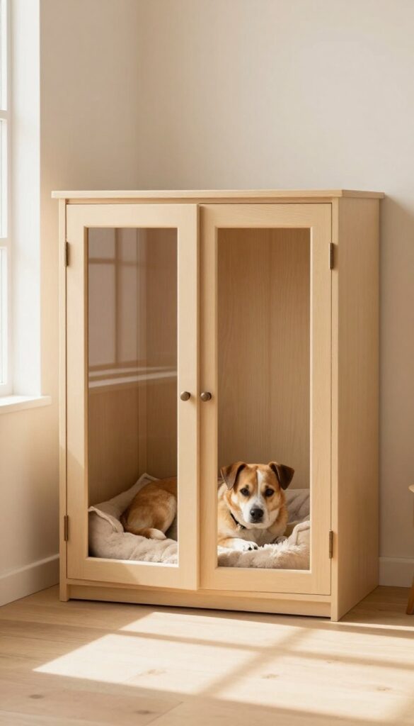 A corner cabinet turned into a cozy dog kennel with a dog sleeping inside