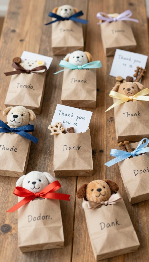 Dog party goodie bags on a wooden table with treats and toys