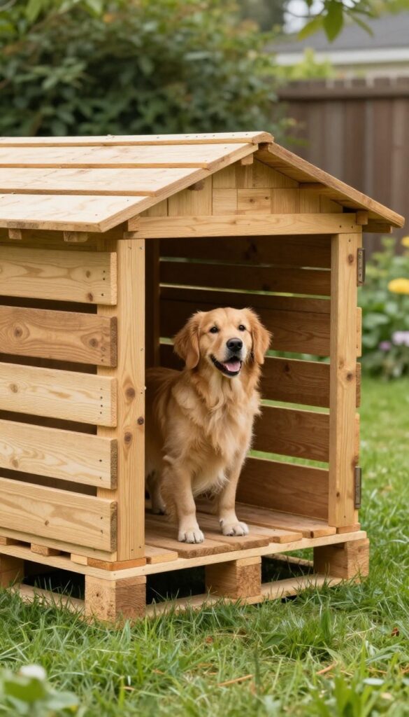 Pallet dog kennel with removable roof panel partially open, golden retriever inside, sunny backyard.
