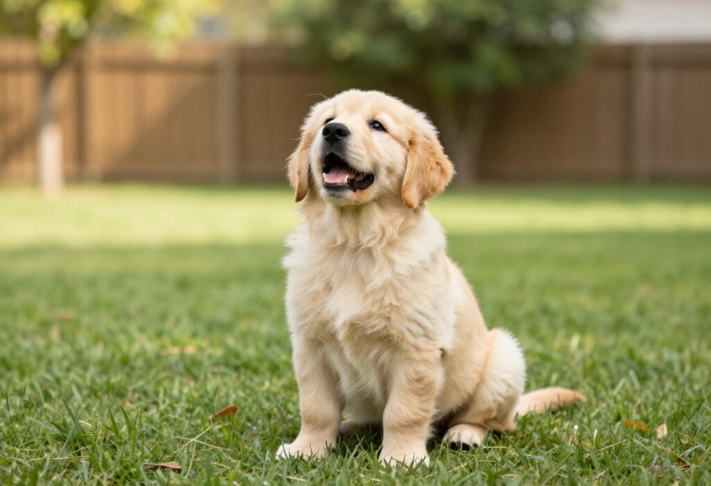Golden retriever puppy sitting on grass looking up with a curious expression